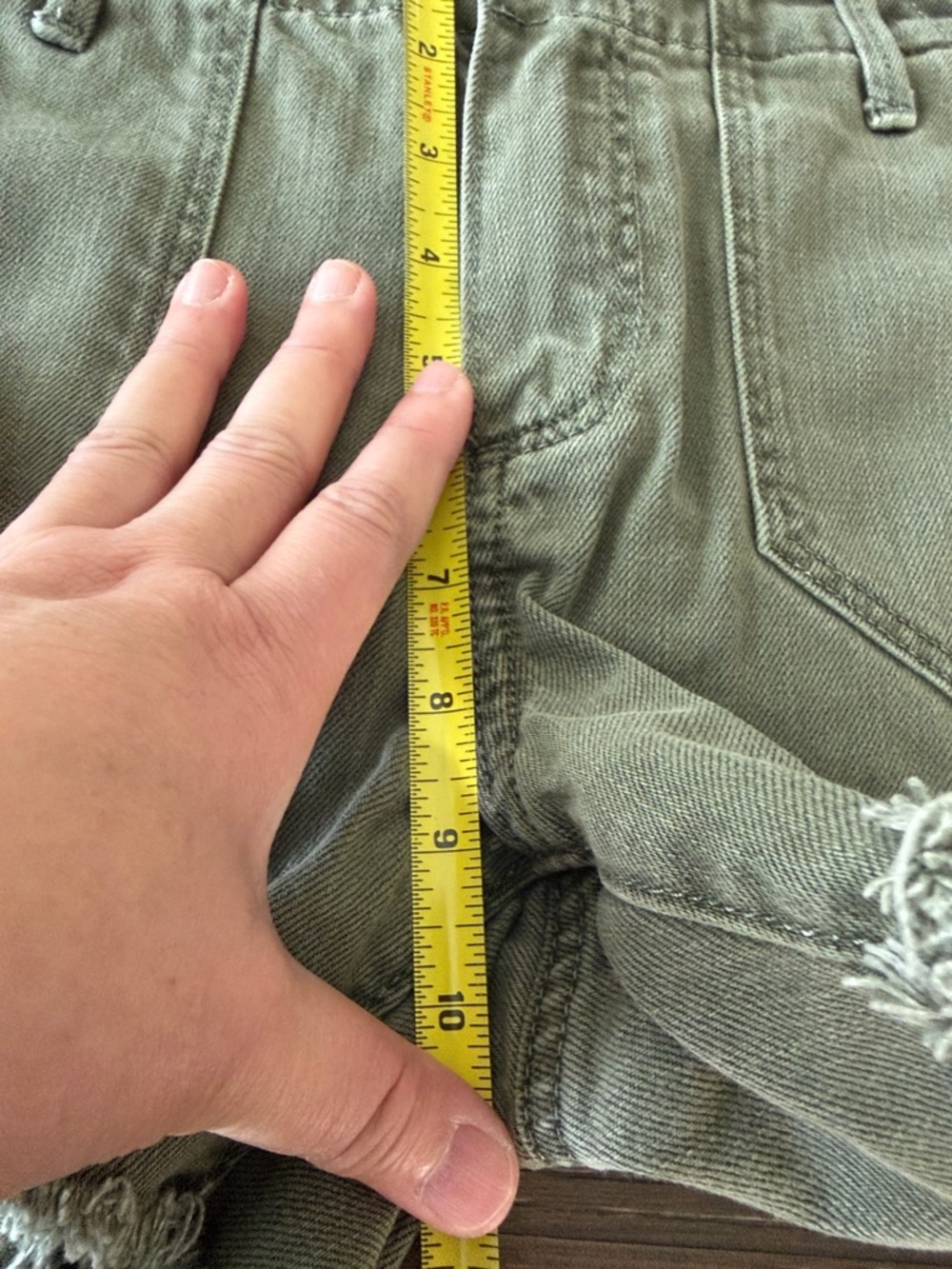 PAIGE Olive Green Frayed-Hem Denim Shorts - Picture 8 of 8